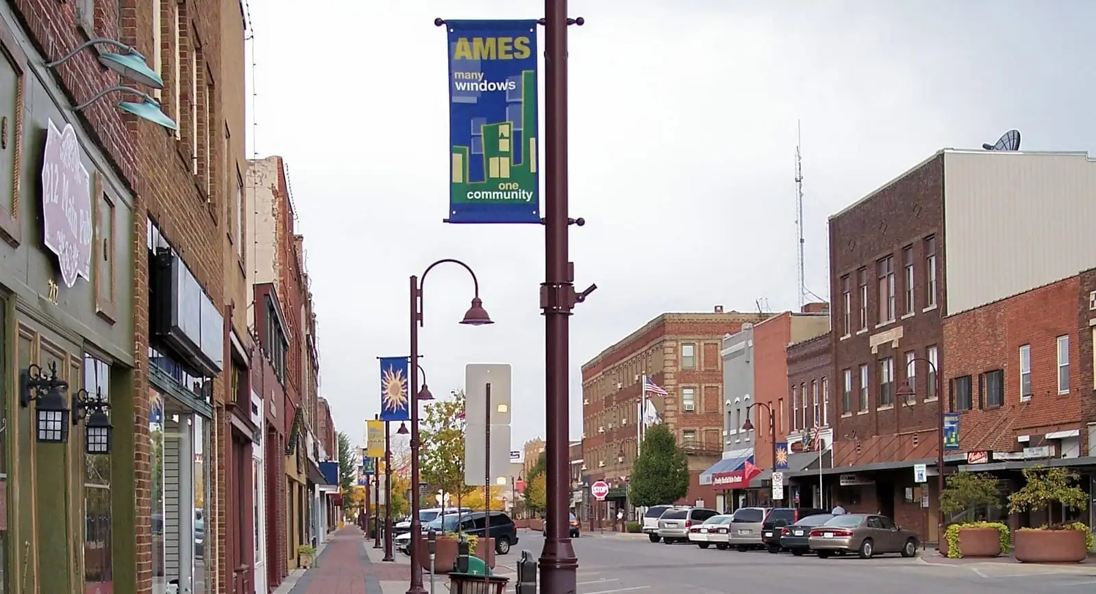 Main Street in downtown Ames, Iowa, near the Iowa State University campus