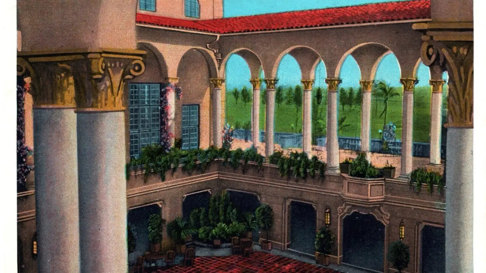 The patio and colonnade of the Miami Biltmore Hotel in Coral Gables, Florida