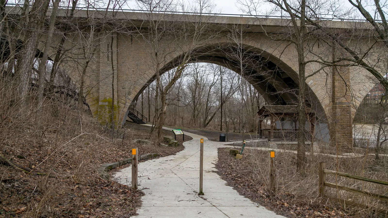 The historic stone Bridge Street Bridge in Dublin, Ohio