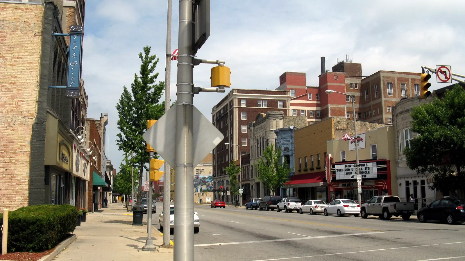 Historic storefronts along Main Street in downtown Elkhart, Indiana