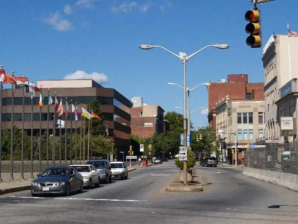 A downtown street in Fall River, Massachusetts