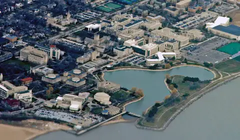 An aerial view of Northwestern University's Evanston campus on Lake Michigan