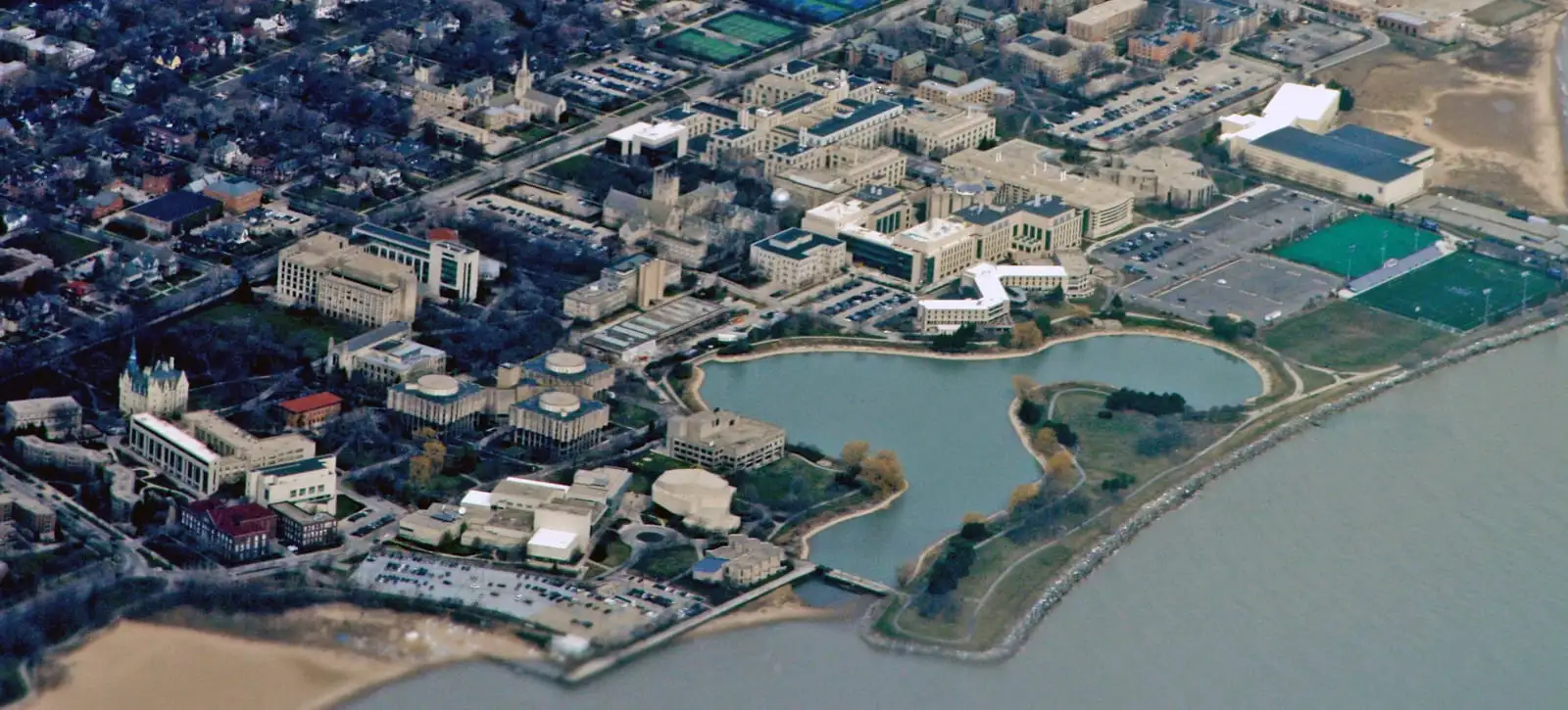 An aerial view of Northwestern University's Evanston campus on Lake Michigan