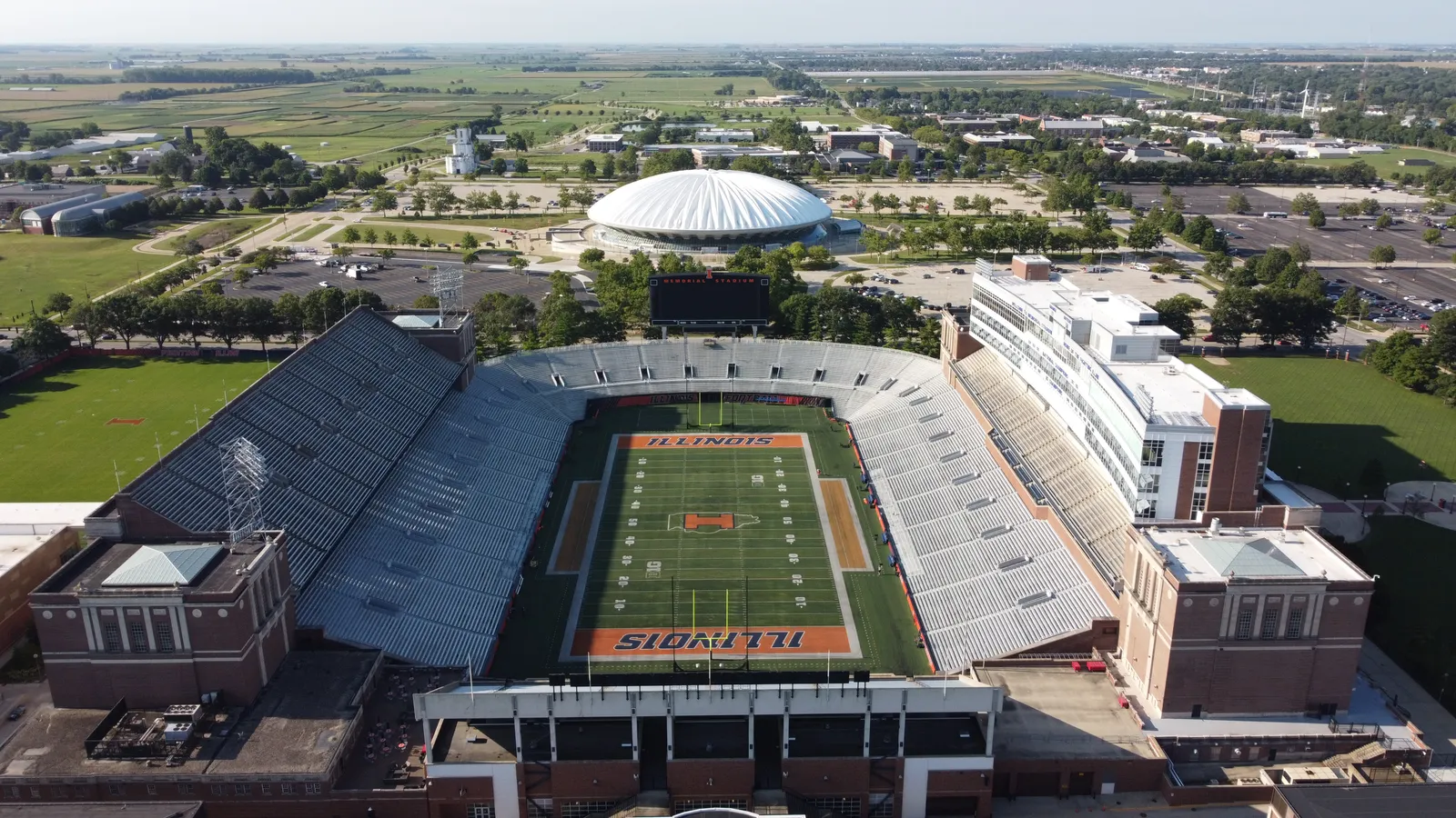 An aerial view of Memorial Stadium at the University of Illinois Urbana-Champaign