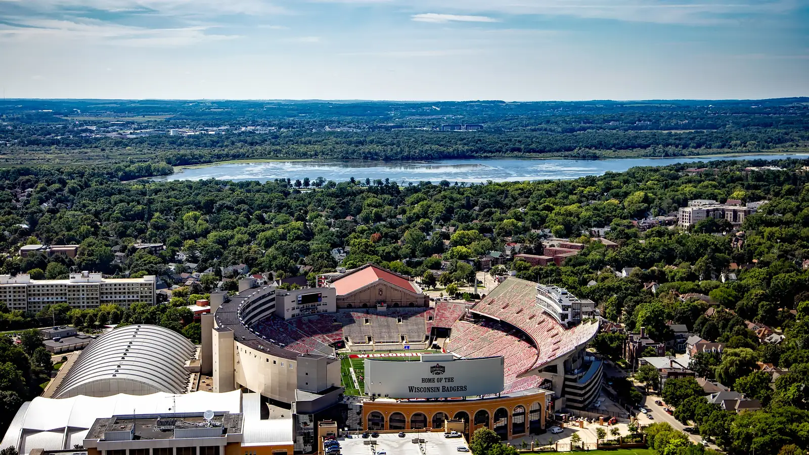 Aerial view of Camp Randall Stadium and Lake Mendota in Madison, Wisconsin